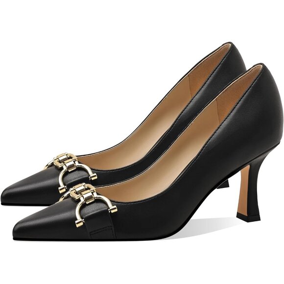 Women's Black PU Closed Toe High Heels Dress Pointed Toe Wedding Pump Shoes - Picture 5 of 7